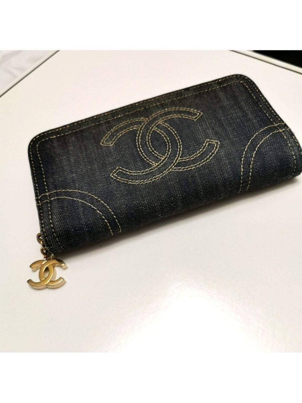 Authentic Chanel Denim Long Flap Wallet Gold CC Zippy